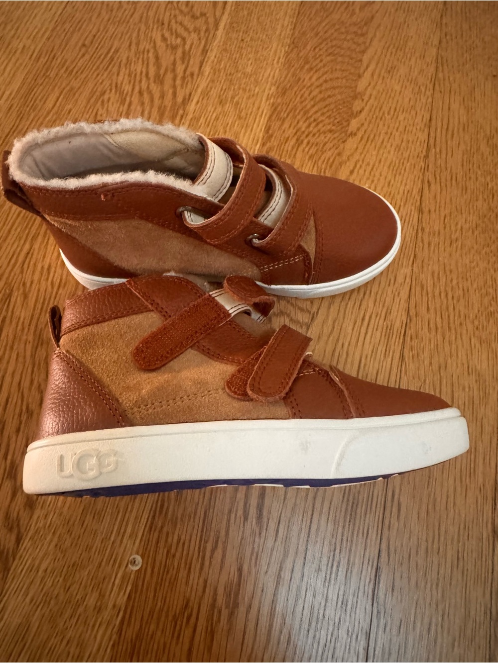 UGG Kids Brown High-Top Velcro Boots with White Sole